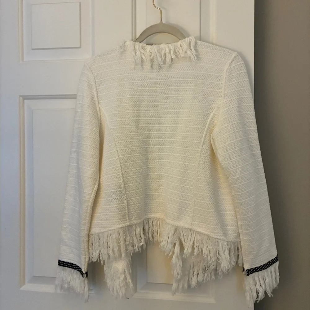 Mic & Zoe Statement Fringe Mix Knit Jacket in Classic Cream White‎ Sz PL
